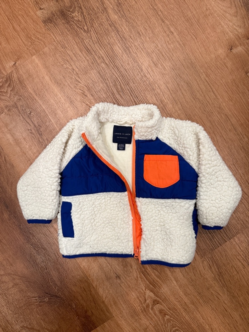 Janie and Jack Cream Sherpa Jacket with Navy Panels and Orange Pocket